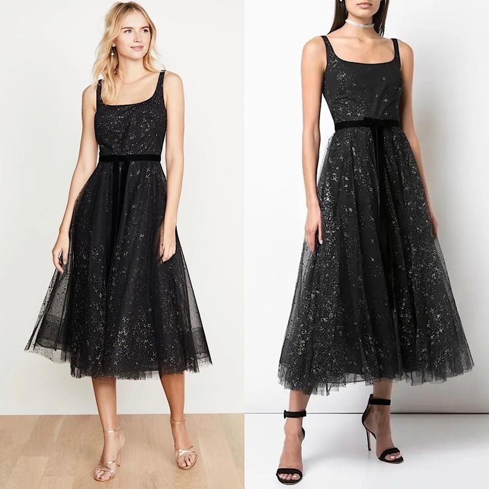 MARCHESA Glitter Metallic Star Tulle Sleeveless Fit Flare Bow Waist Midi Gown 0
